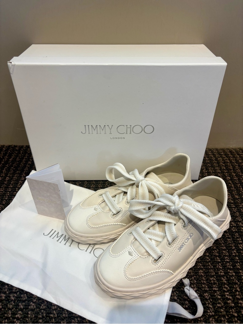 Jimmy Choo Diamond Light Flex Off-White Leather Lace-Up Sneakers 34 NIB